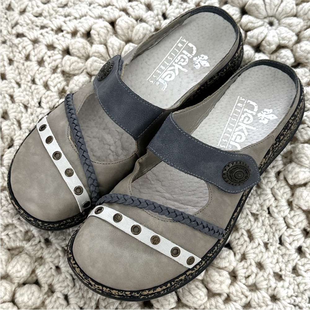 Rieker Women's Mary Jane Slides Sz 6 Two Tone Gray Brown Leather Comfort Mules - Picture 1 of 10